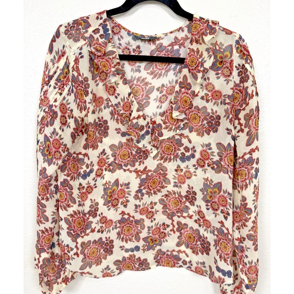 PAIGE Floral Ruffle Silk Blouse Women Small Cream Red Boho Romantic